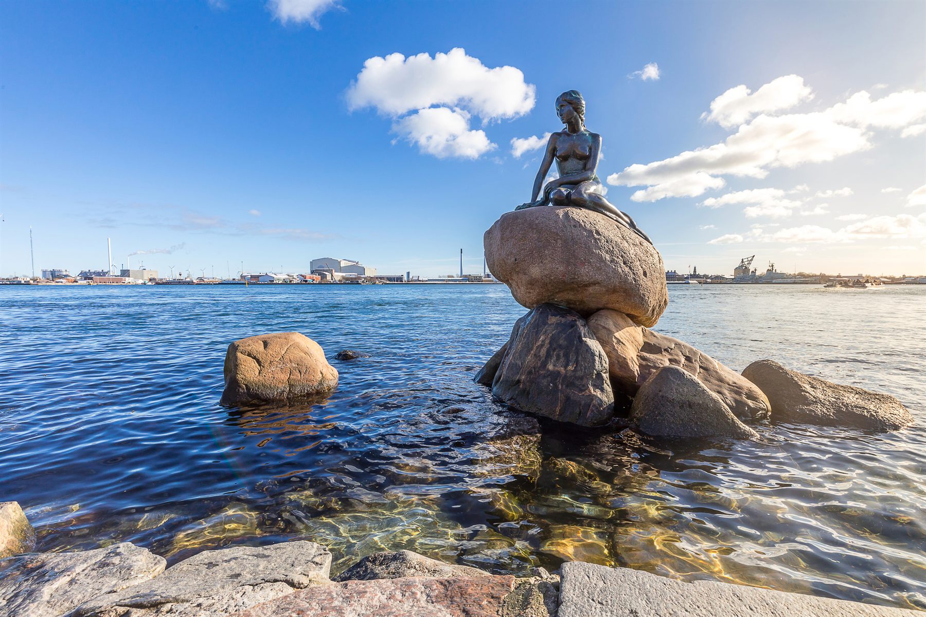The Little Mermaid statue on her rock at the Copenhagen waterfront, Denmark