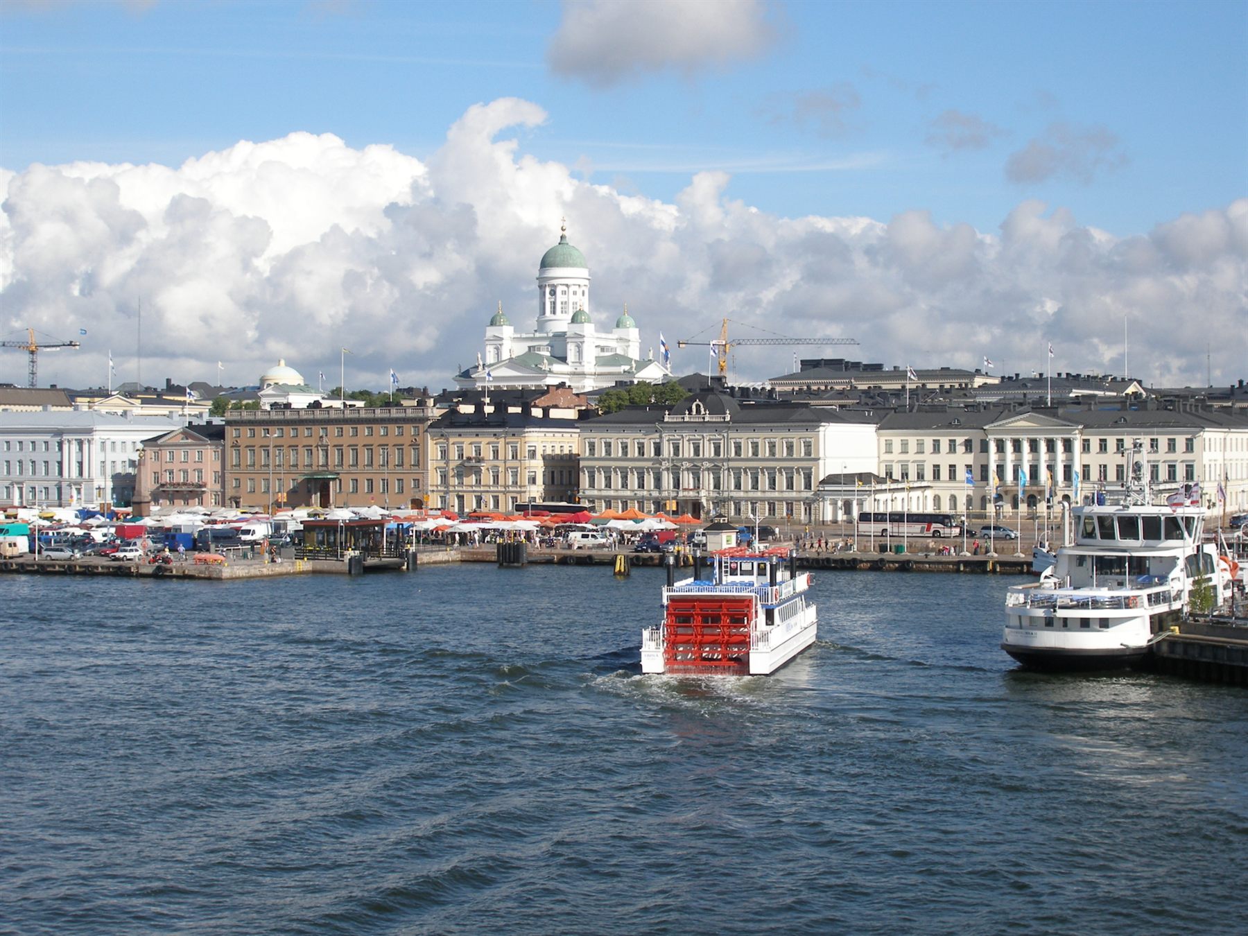 Helsinki harbor with the white-domed Helsinki Cathedral above the waterfront, Finland