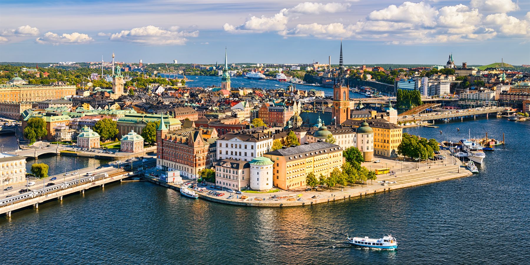 An aerial view of the islands of Gamla Stan, the old town of Stockholm, Sweden